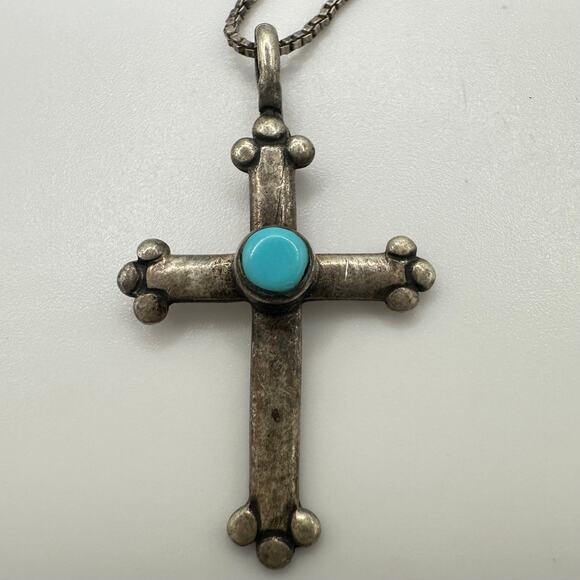 Vintage 925 sterling silver genuine turquoise cross pendant Danecraft necklace - Picture 2 of 10